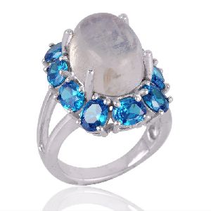 Rainbow Moonstone and Blue CZ Designer Silver Cocktail Ring
