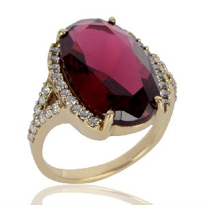 Red Gemstone and White Cubic Zirconia Gold Plated Fashion Designer Ring