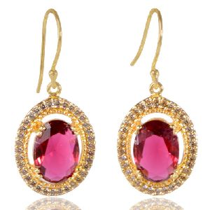 Red Gemstone and White Cubic Zirconia Gold Plated Fashion Earring