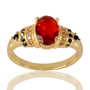 Red Gemstone Black Spinal Stone and White Cubic Zirconia Gold Plated Designer Ring