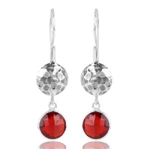 Red Stone Hammered Design 925 Sterling Silver Earring