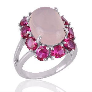 Rose Quartz and Pink CZ Designer Silver Cocktail Ring