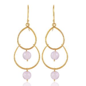 Rose Quartz Gold Plated Solid Silver Double Dangle Earring