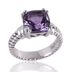 Shinning Amethyst and Silver Ring Beautiful Twisted Wire Rope Shank Ring