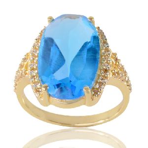 Sky Blue Gemstone and White Cubic Zirconia Gold Plated Fashion Ring