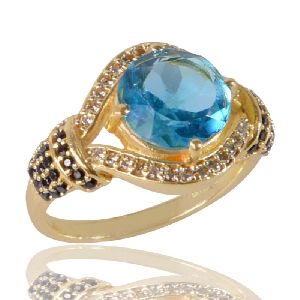 Sky Blue Gemstone Black Spinal Gemstone And White Cubic Zirconia Gold Plated Brass Ring