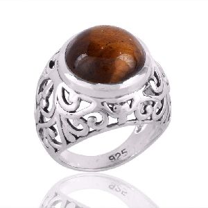 Tiger Eye and Solid Silver Mens Rings Filigree Designs