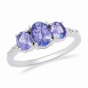 92.5 Sterling Silver Tri Stone Oval Real Tanzanite Ring