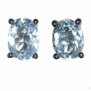 Four Prong Oval Blue Topaz 925 Silver Earring Stud