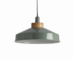 Green Pendant Light with Wooden Top