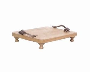 Wooden Serving Tray With Embossed Metal Handle