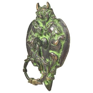 Black Brass Green Patina Demon Head With Two Lion Figurines Door Knocker