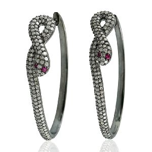 Ruby Snake Design Silver Pave Diamond Hoop Earring