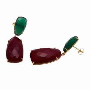 Dyed Ruby And Green Onyx Fancy Shape Earring