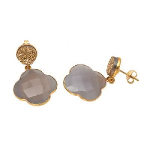Gray Chalcedony And Golden Druzy Gemstone Earring