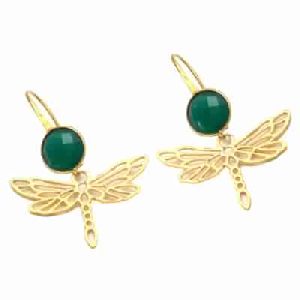 Green Onyx Ear Wire earring Gold Bezal Set Earring