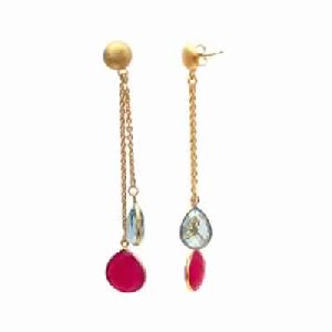 Hot Pink Chalcedony and Hydro Blue Topaz Earring