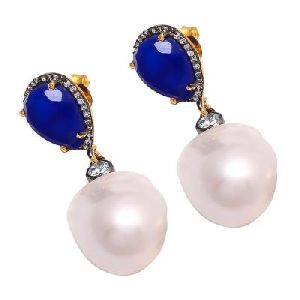 New Pearl Shell With Blue Chalcedony Earring