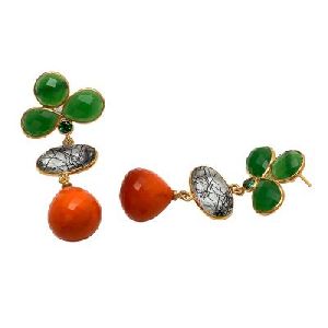 Orange Chalcedony and Black Rutile And Green Onyx Earring