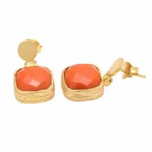 Orange Chalcedony Cushion Shape Gemstone Earring