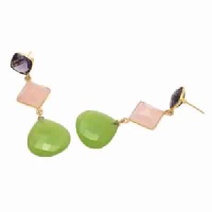 Sea Green and Pink Chalcedony And Amethyst Quartz Earring