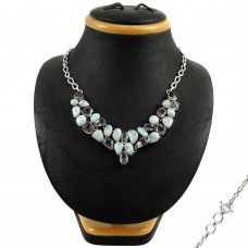 925 Sterling Silver Fashion Jewelry Charming Larimar & Amethyst Gemstone Necklace