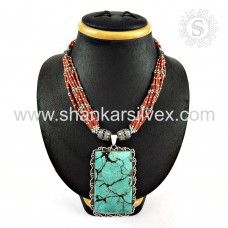 Big Royal Style !! 925 Sterling Silver Tibet Coral, Turquoise Necklace
