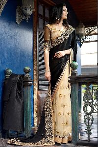 Cream and Black Embroidered Sarees