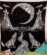 Wolf half moon printed black white tapestries cotton wall hanging
