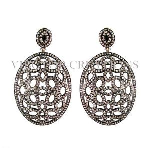 14k Gold Pave Diamond 92.5 Silver Flower Design Round Earrings Drop Jewelry