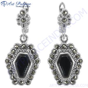 Black Onyx and Marcasite Silver Earring
