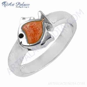 Cute Fish Shape Inley Gemstone Silver Ring