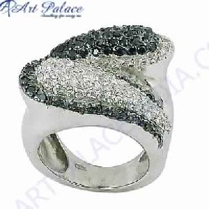 Fabulous Black and White Cubic Zirconia Gemstone Silver Ring
