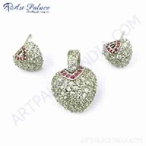Lovely Heart Shape Cubic Zirconia Gemstone Silver Pendant Set