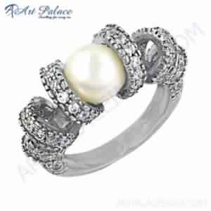 Party Wear Designer Cubic Zirconia and Pearl Silver Ring