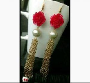 Red Flower Stone Pearl With Copar Chain Earring Set