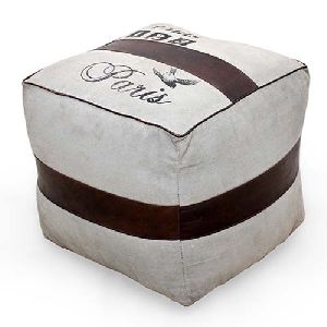 CANVAS SQUARE LEATHER POUF STOOL