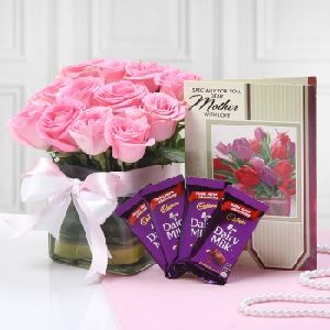 Combo Of Pink Roses With Cadbury Dairy Milk And Greeting Card