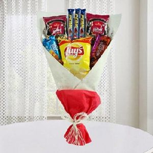 Mouth-Watering Bouquet Including Chocolates, Snacks And Bourbon