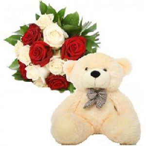 Teddy, White and Red Roses Bunch
