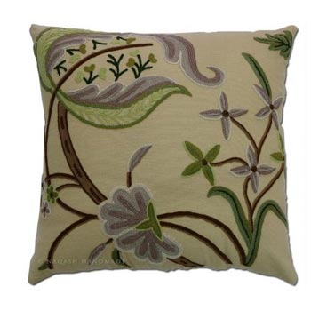 Green Cotton Crewel Wool Embroidered Cushion Cover