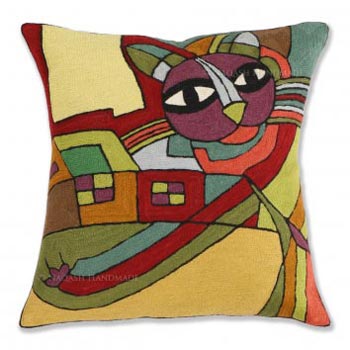 Modern Cat Cotton Crewel Wool Embroidered Cushion Cover