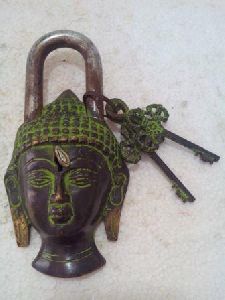 ANTIQUE BRASS GREEN BUDDHA FACE LOCK