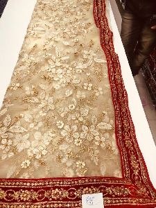 Net sarees with thread and moti work and velvet border with blouse piece