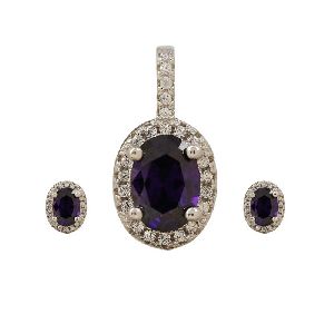 Oval Purple CZ Jewelry Set Pendant Earrings