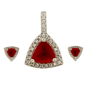 Triangle Red CZ Pendant Earrings Jewelry Set
