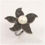 925 Sterling Silver Flower Design Natural PEARL and SPINEL Pave Ring Any Size GIFT
