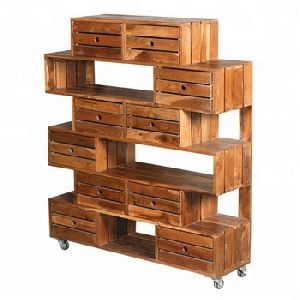 solid mango wood display rack with drawers and wheels