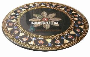 Black Round Marble Dining Table Top Multi floral Marquetry Inlaid