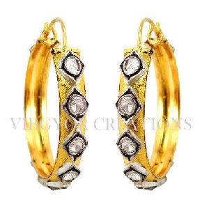 925 Silver Jewelry 14K Gold Pave Rose Cut Diamond Hoop Earrings Vintage Jewelry